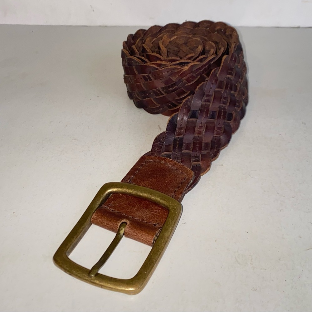 Vintage Arizona Jean Co Wide Brown Braided Woven Leather Belt with Brass Buckle